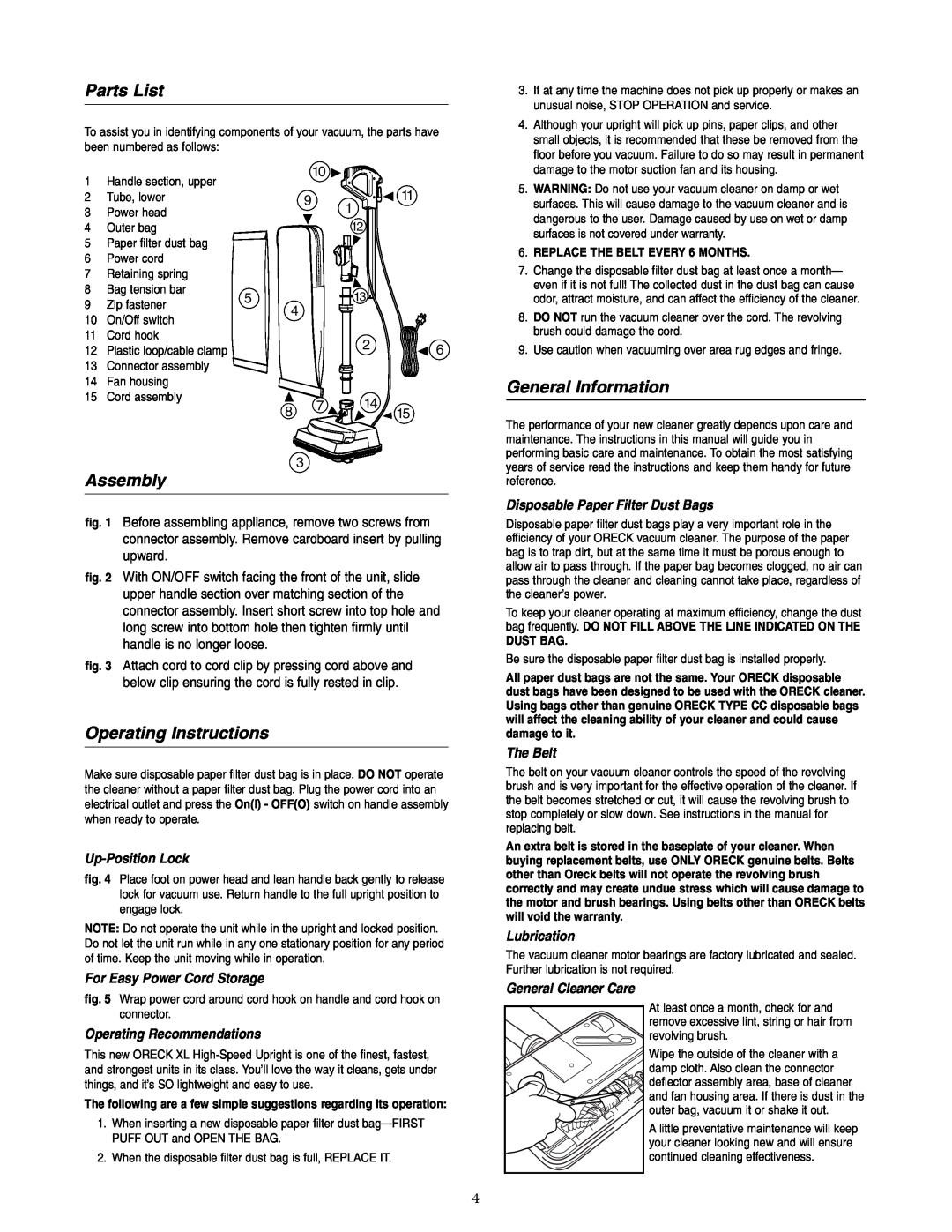 Oreck XL5-105HH Parts List, Assembly, Operating Instructions, General Information, Up-PositionLock, The Belt, Lubrication 