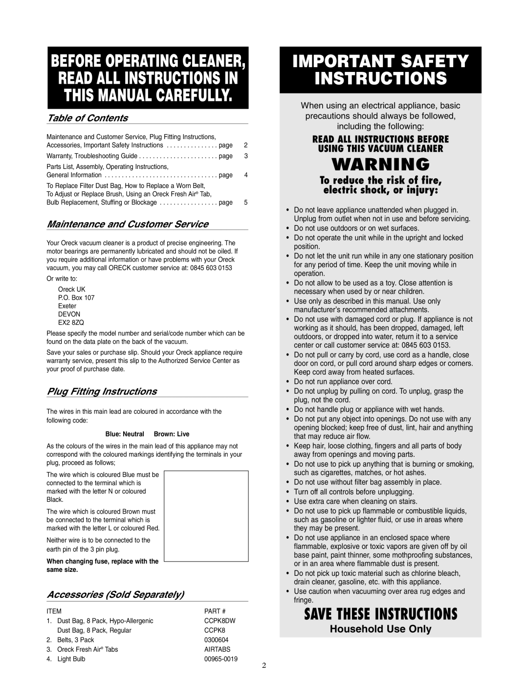 Oreck XL5-205HH warranty Table of Contents, Maintenance and Customer Service, Plug Fitting Instructions 