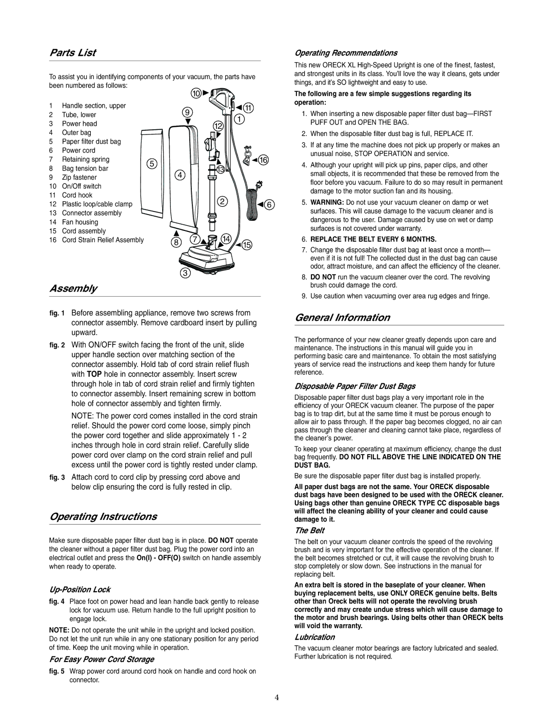 Oreck XL5-205HH warranty Parts List, Assembly, Operating Instructions, General Information 