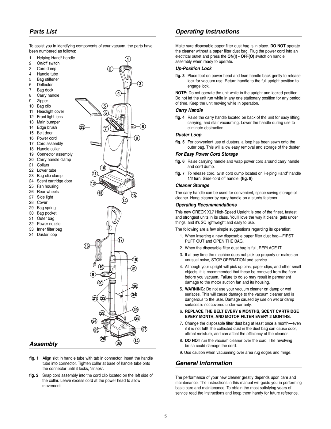 Oreck XL7 605 EYB warranty Parts List, Operating Instructions, General Information 