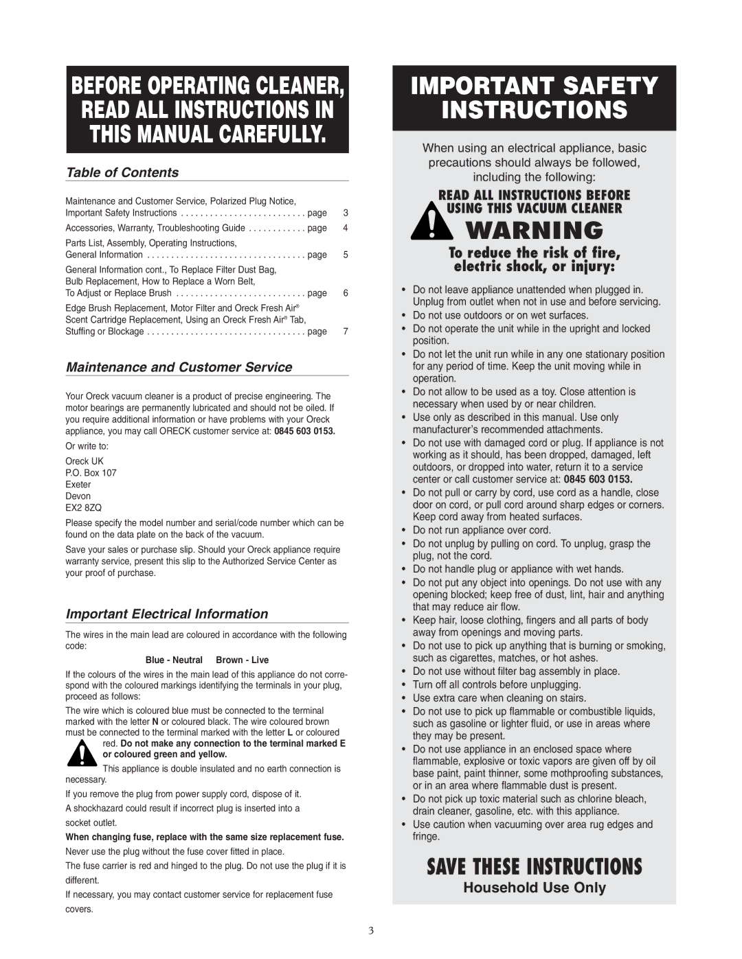 Oreck XL7 705 SERIES warranty Table of Contents, Maintenance and Customer Service, Important Electrical Information 