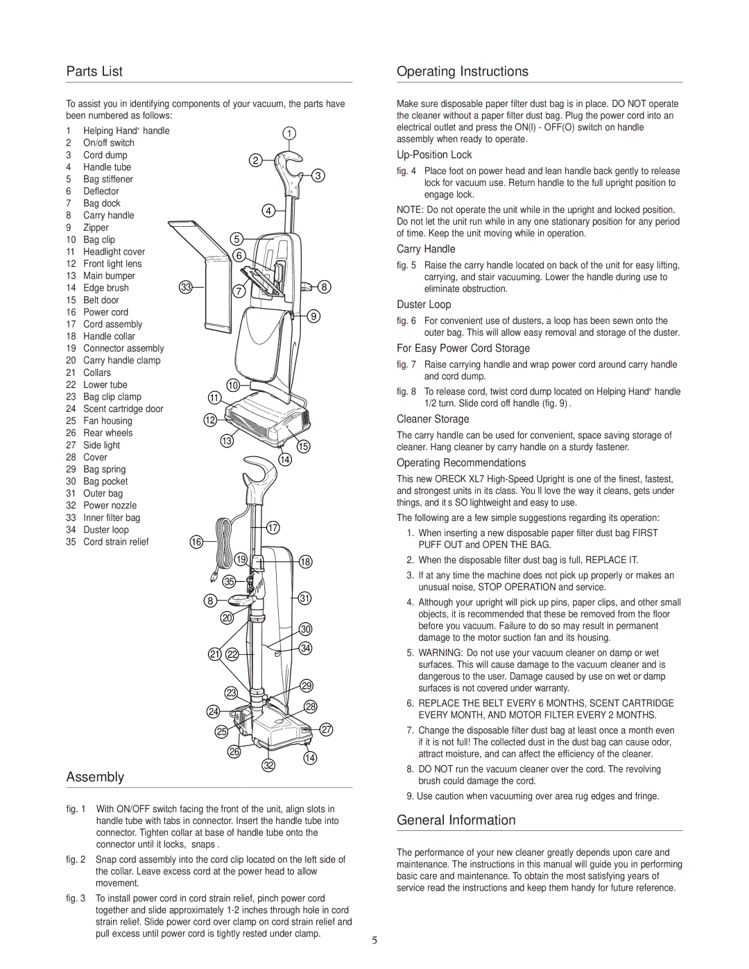 Oreck XL7 705 SERIES warranty Parts List, Operating Instructions, Assembly, General Information 