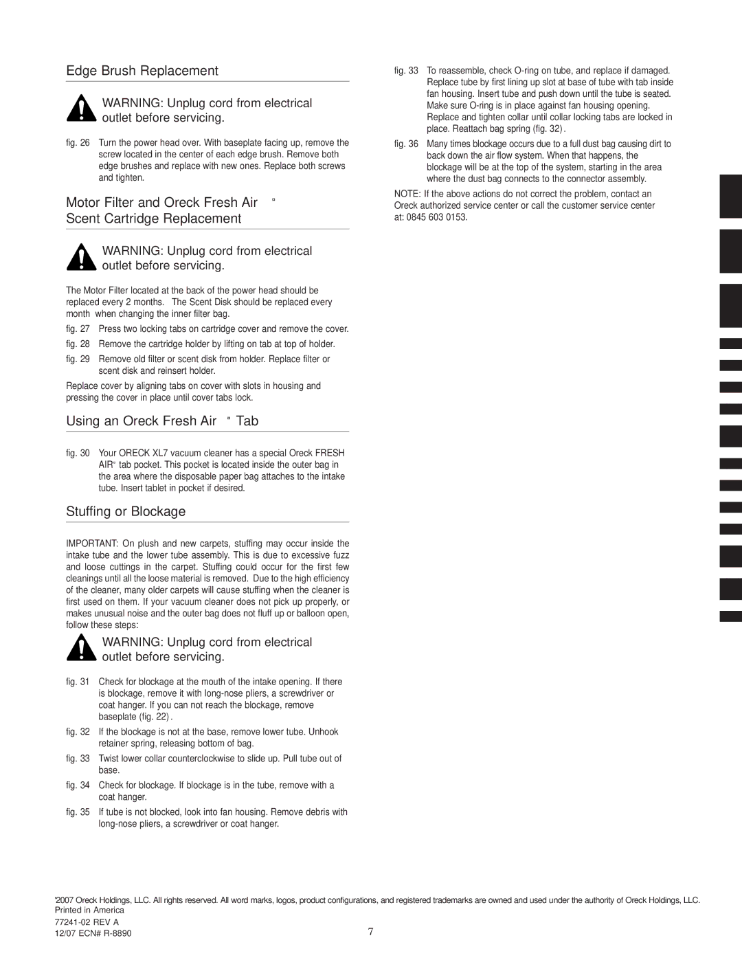 Oreck XL7 705 SERIES warranty Edge Brush Replacement, Using an Oreck Fresh Air Tab, Stuffing or Blockage 