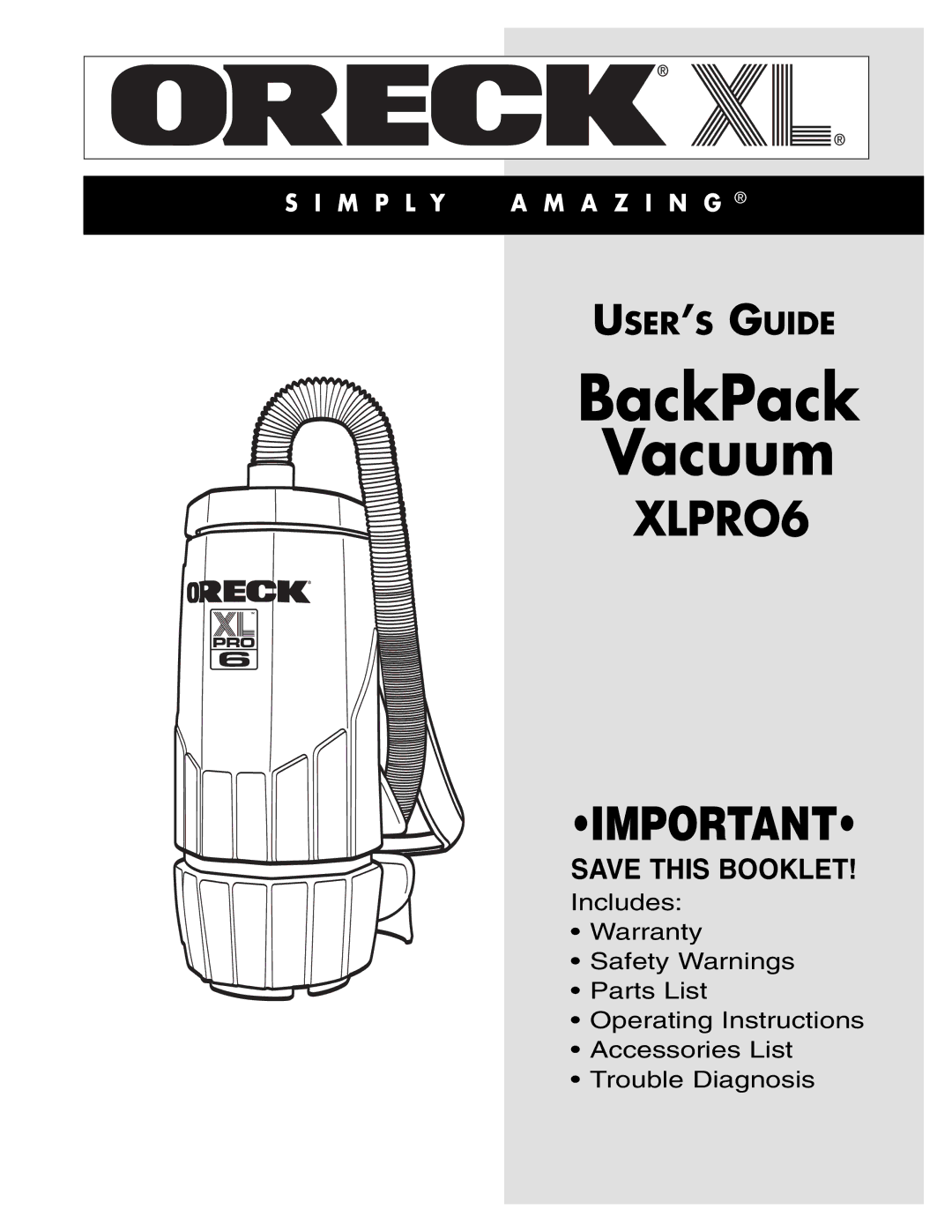 Oreck XLPRO6 warranty BackPack Vacuum 