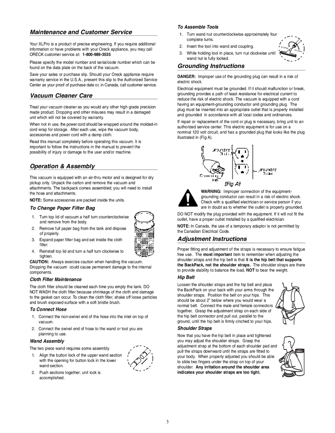 Oreck XLPRO6 warranty Maintenance and Customer Service, Vacuum Cleaner Care, Operation & Assembly, Grounding Instructions 