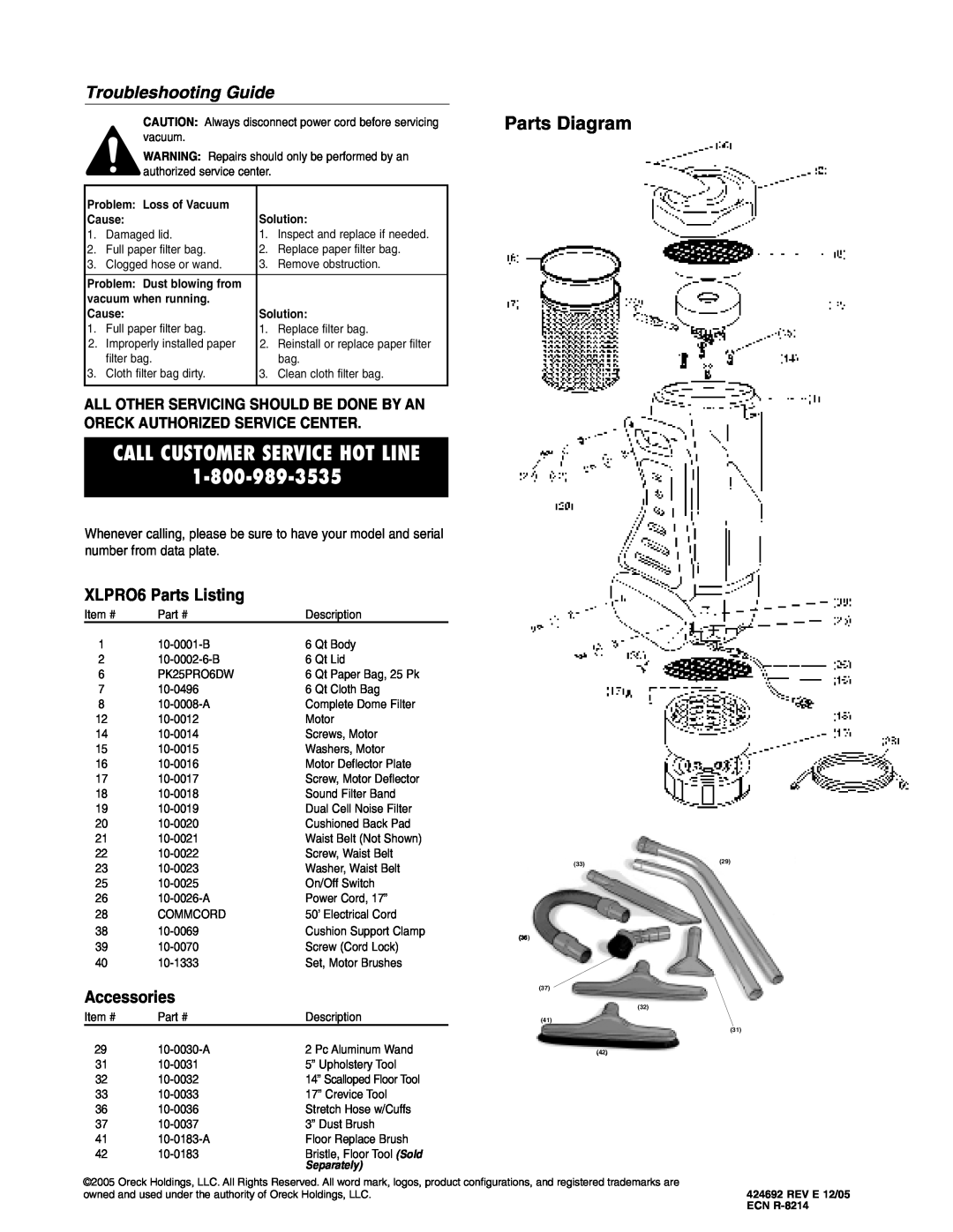 Oreck Parts Diagram, Troubleshooting Guide, XLPRO6 Parts Listing, Accessories, Problem Loss of Vacuum, Solution, Cause 