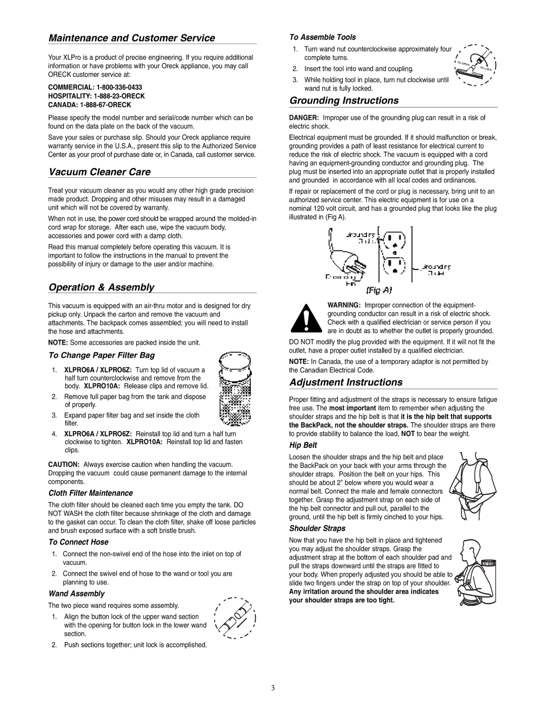 Oreck XLPRO6A, XLPRO6Z Maintenance and Customer Service, Vacuum Cleaner Care, Operation & Assembly, Grounding Instructions 