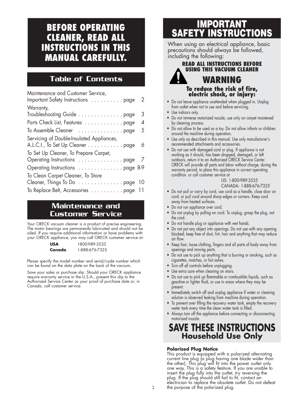 Oreck XLS465A warranty Table of Contents, Maintenance Customer Service 