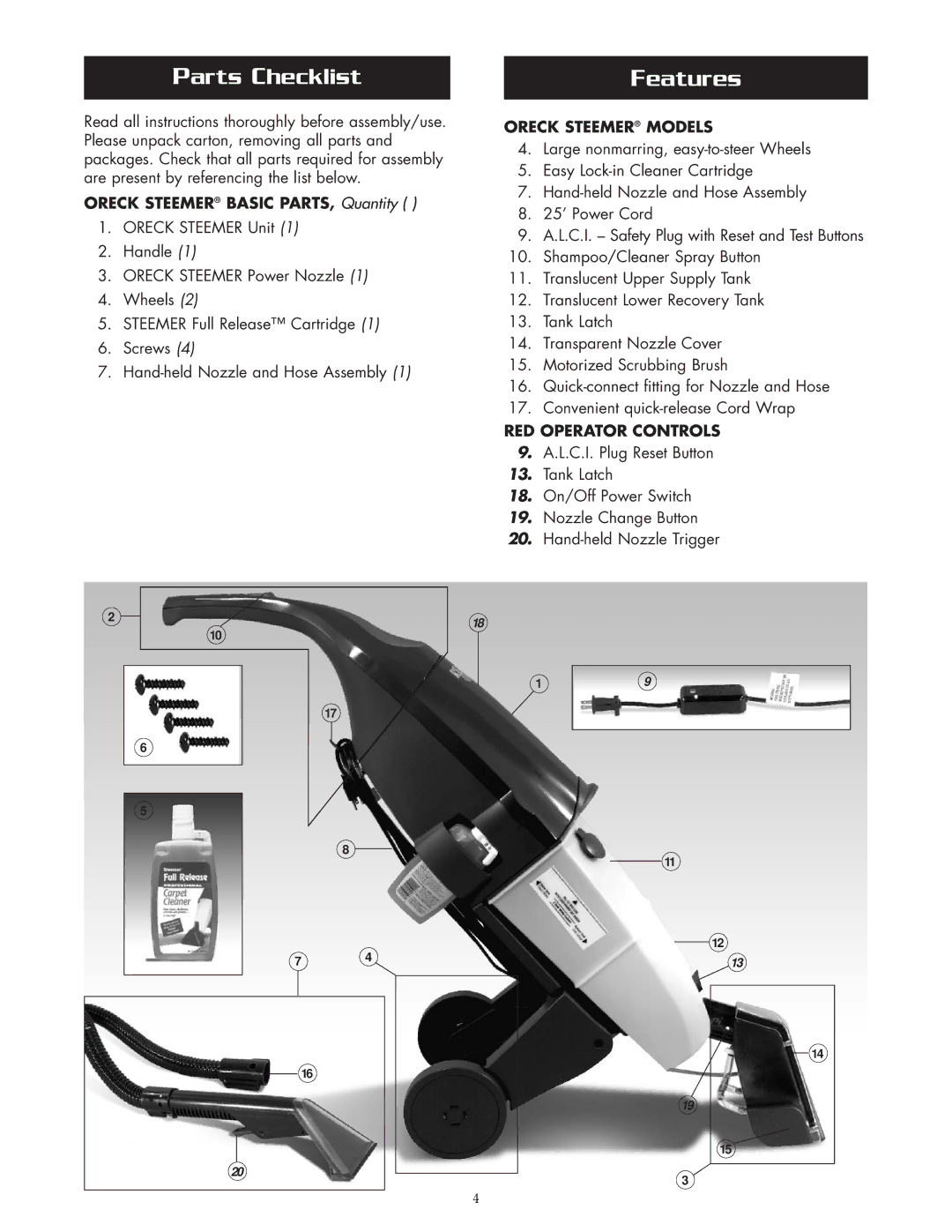 Oreck XLS465A warranty Parts Checklist Features, Oreck Steemer Models, RED Operator Controls 