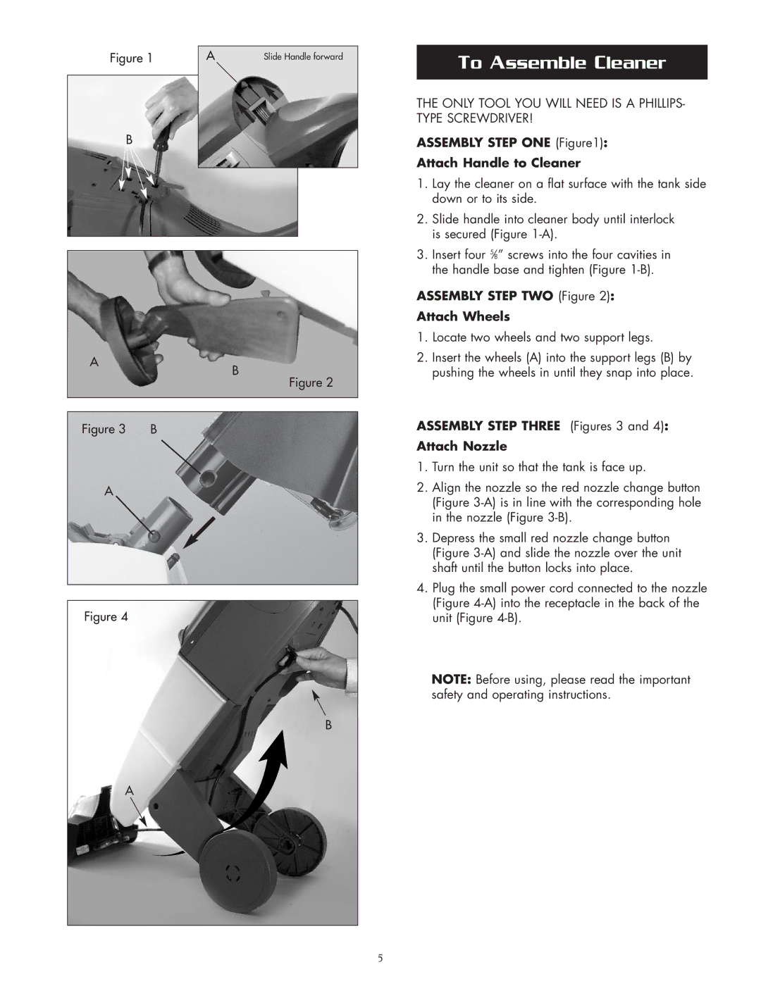 Oreck XLS465A warranty To Assemble Cleaner, Assembly Step ONE Attach Handle to Cleaner 