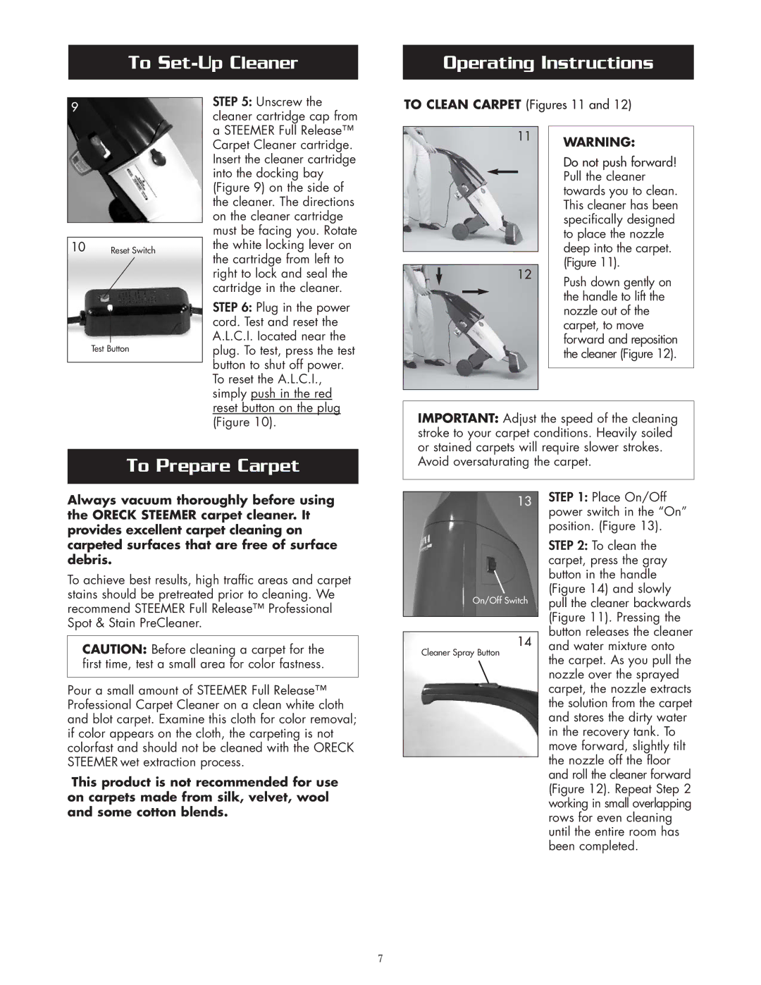 Oreck XLS465A warranty To Set-Up Cleaner Operating Instructions, To Prepare Carpet 