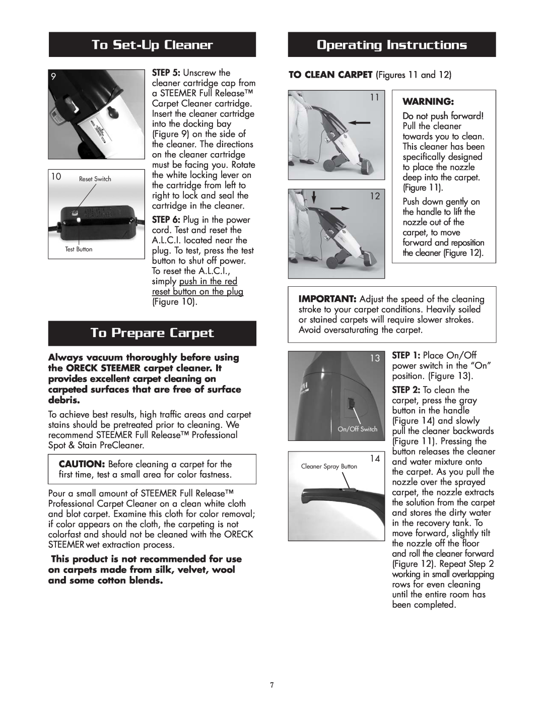 Oreck XLS465A warranty Operating Instructions, To Prepare Carpet, To Set-Up Cleaner, Warning 