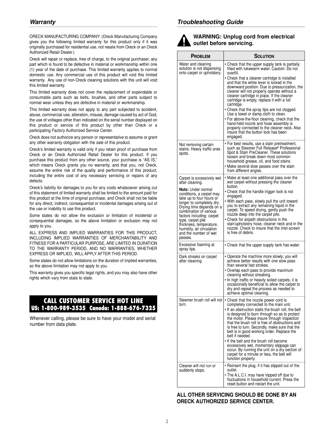 Oreck XLS700 warranty Warranty, Troubleshooting Guide 