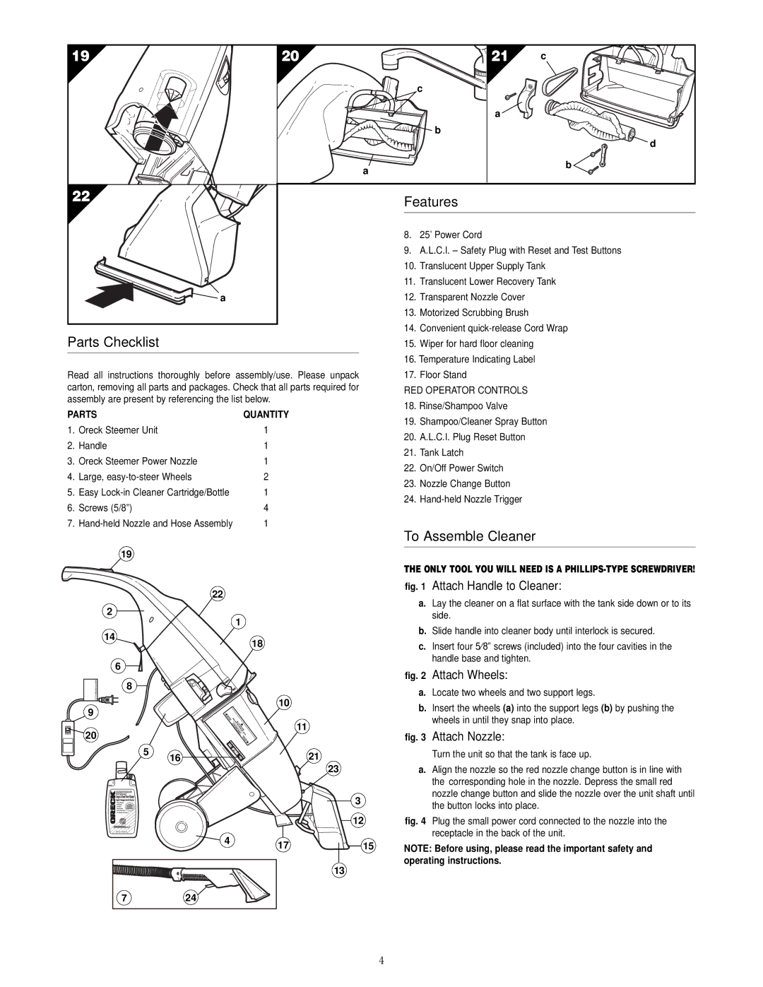 Oreck XLS700 warranty Parts Checklist, Features, To Assemble Cleaner, Screws 5/8 