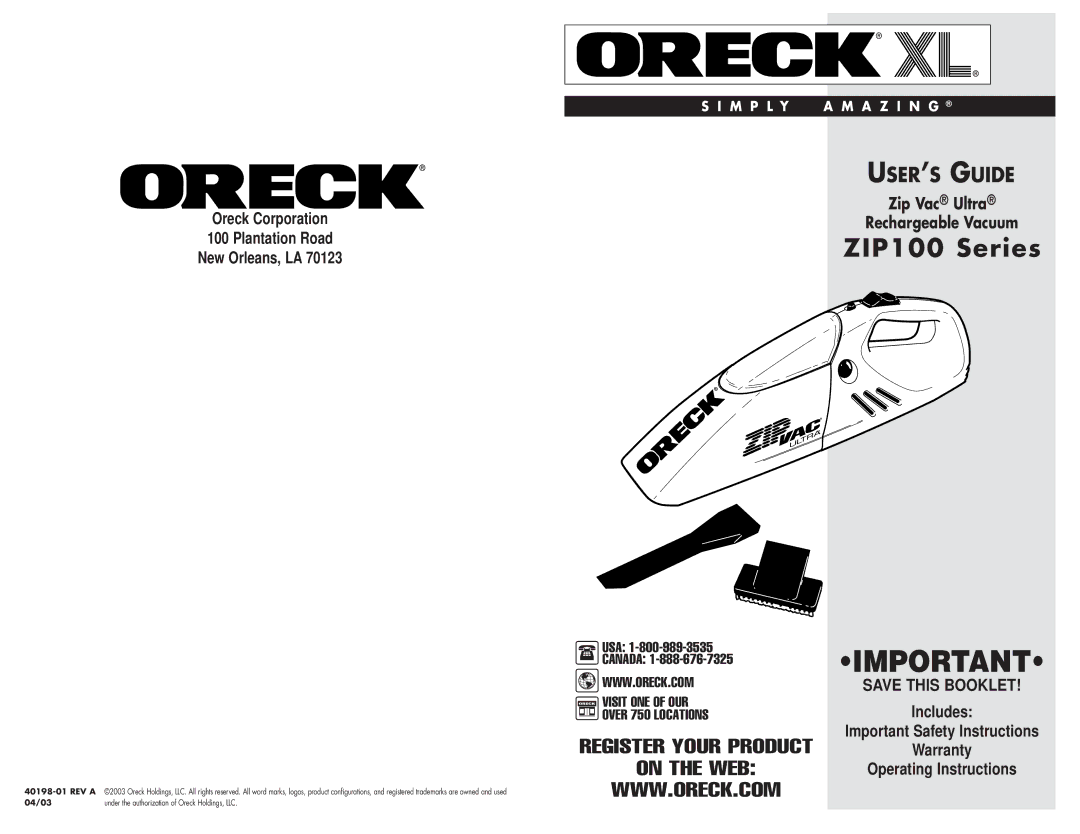 Oreck important safety instructions ZIP100 Series 