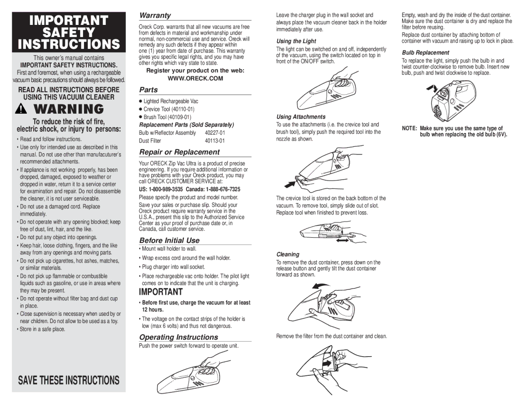 Oreck ZIP100 Warranty, Parts, Repair or Replacement, Before Initial Use, Operating Instructions 