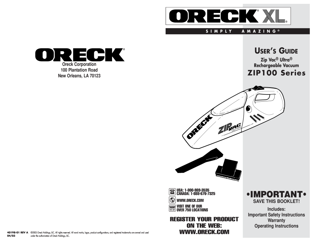 Oreck ZIP100 important safety instructions Oreck Corporation 100 Plantation Road, New Orleans, LA, Save This Booklet, Usa 