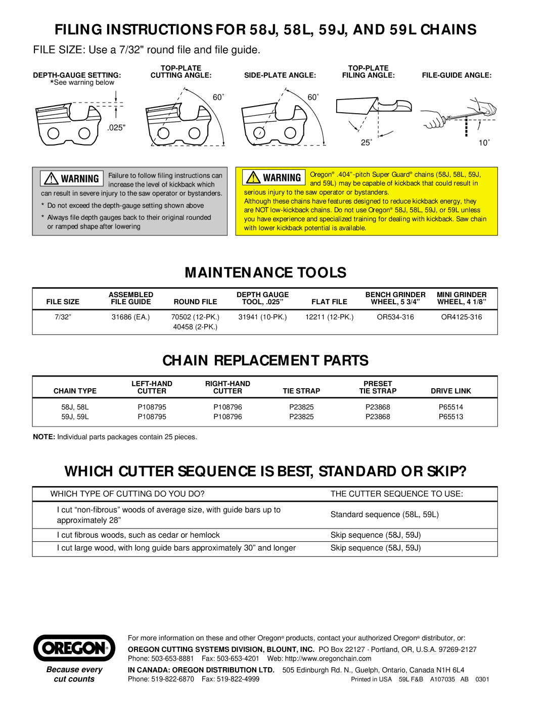 Oregon manual Filing Instructions for 58J, 58L, 59J, and 59L Chains, Maintenance Tools, Chain Replacement Parts 