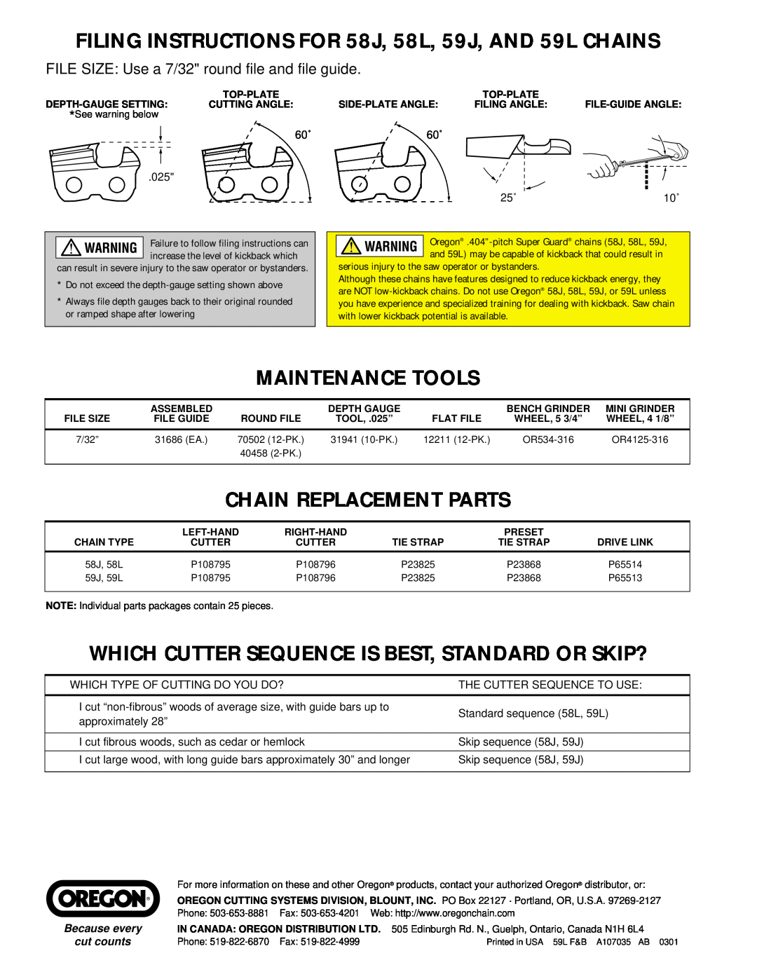 Oregon FILING INSTRUCTIONS FOR 58J, 58L, 59J, AND 59L CHAINS, Maintenance Tools, Chain Replacement Parts, cut counts 