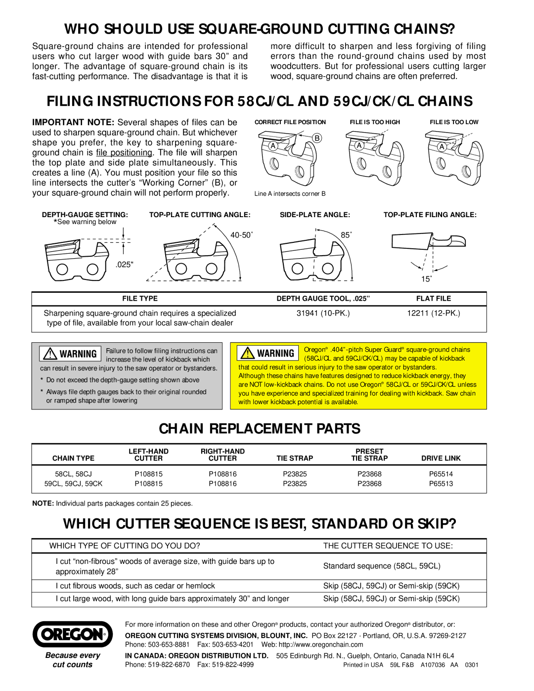 Oregon 59-Series manual WHO should USE SQUARE-GROUND Cutting CHAINS?, Filing Instructions for 58CJ/CL and 59CJ/CK/CL Chains 