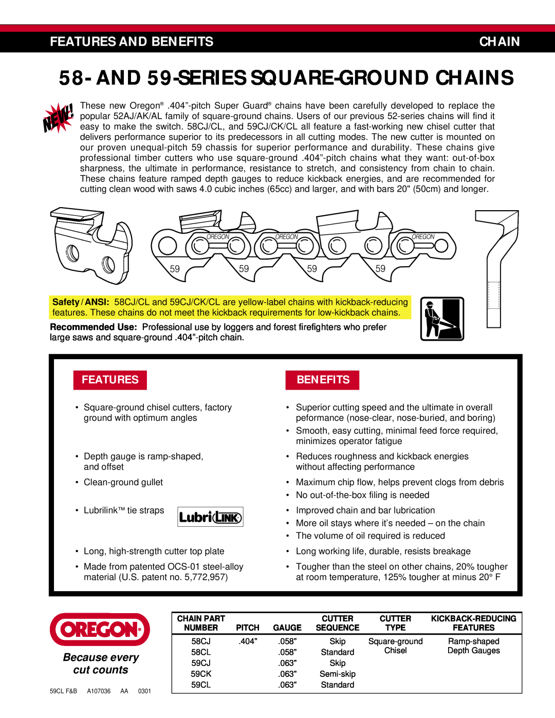 Oregon 58-Series manual AND 59-SERIES SQUARE-GROUNDCHAINS, Features And Benefits, Chain, Because every, cut counts 