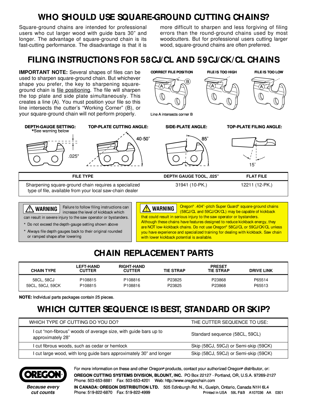 Oregon 59-Series, 58-Series manual Who Should Use Square-Groundcutting Chains?, Chain Replacement Parts, 40-50˚, 31941 10-PK 