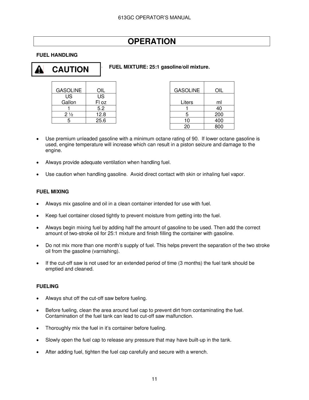 Oregon 613GC manual Fuel Handling, Fuel Mixing, Fueling 