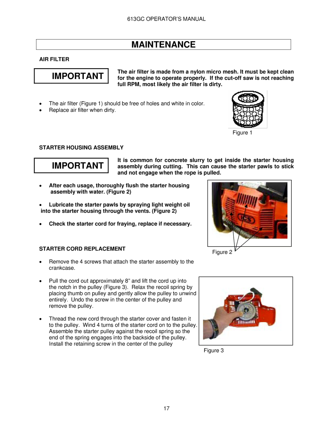 Oregon 613GC manual AIR Filter, Starter Housing Assembly, Starter Cord Replacement 