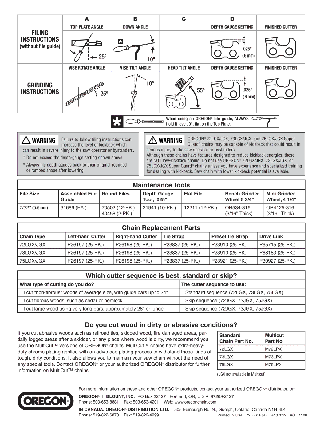 Oregon 75LGX, 72LGX, 73LGX manual Chain Replacement Parts, Which cutter sequence is best, standard or skip?, 25º 10º 55º 