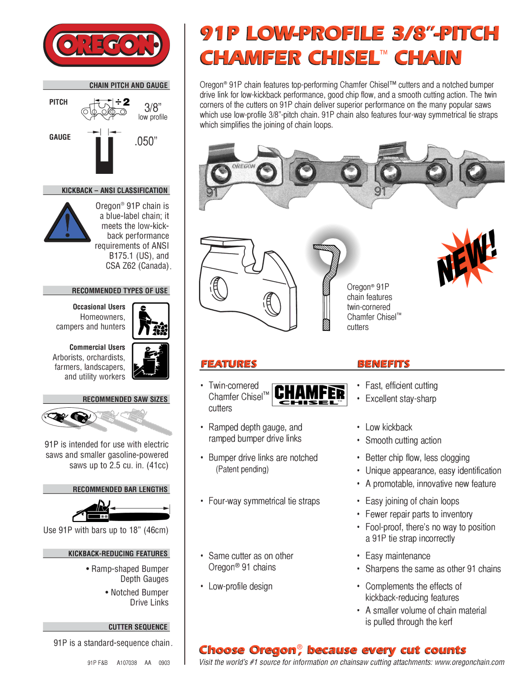 Oregon 91P F&B A107038 manual Features, Benefits 