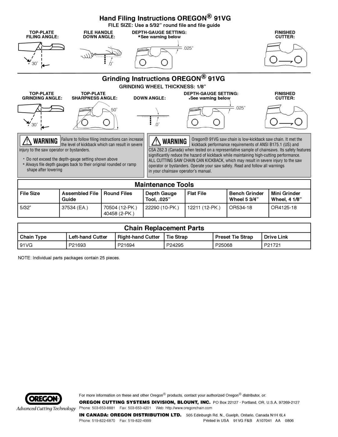 Oregon manual Hand Filing Instructions OREGON 91VG, Grinding Instructions OREGON 91VG, Maintenance Tools 