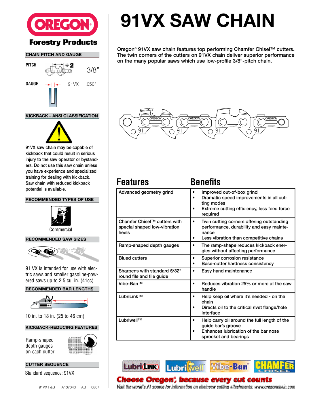 Oregon 91VX manual Chain Pitch and Gauge, Kickback Ansi Classification, Recommended Types of USE, Recommended SAW Sizes 