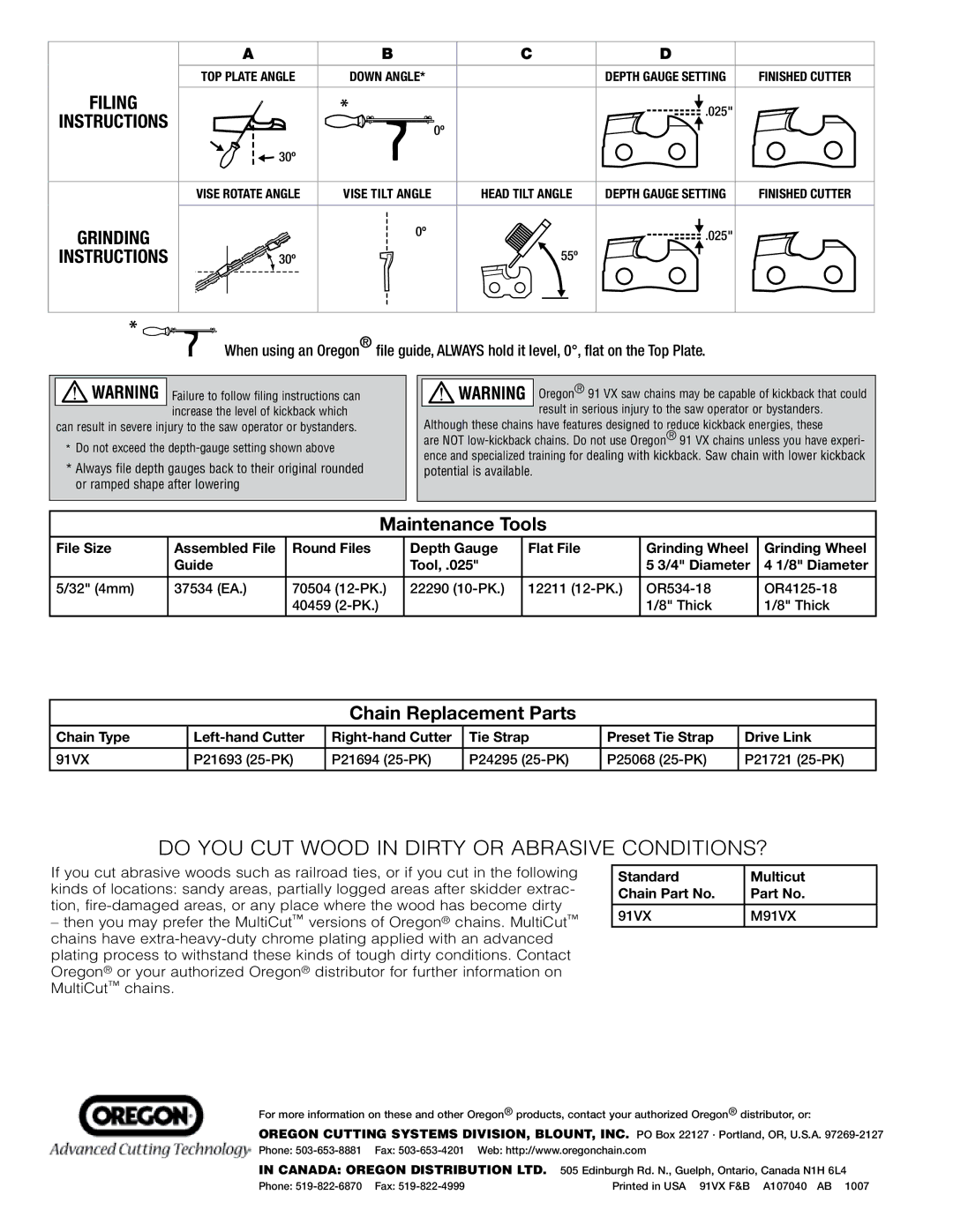 Oregon 91VX manual Maintenance Tools, Chain Replacement Parts 