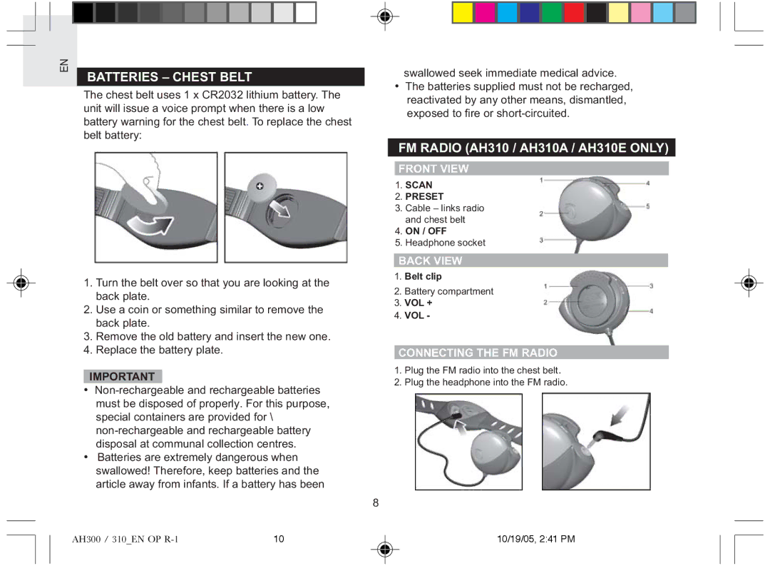 Oregon AH310E, AH310A, AH300E, AH300A Batteries Chest Belt, Front View, Back View, Connecting the FM Radio, Scan Preset 