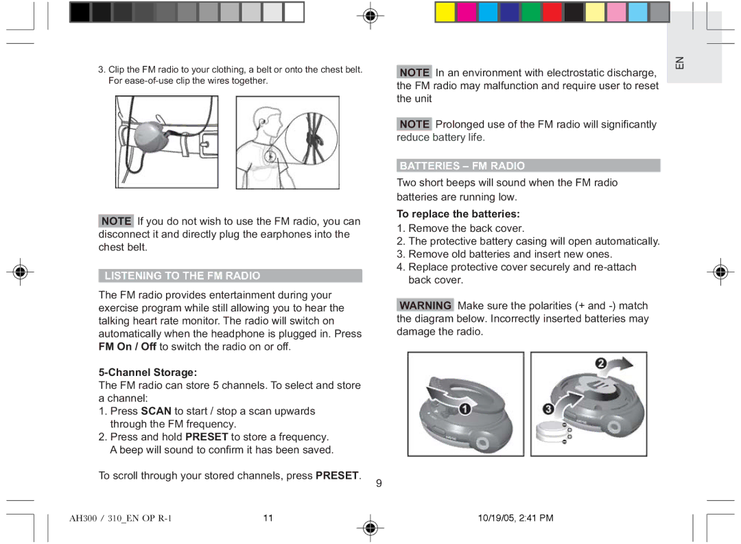 Oregon AH300A, AH310E, AH310A Listening to the FM Radio, Channel Storage, Batteries FM Radio, To replace the batteries 
