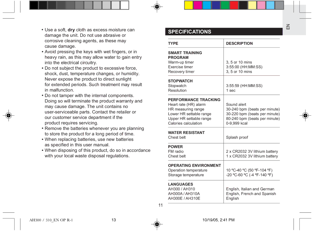 Oregon AH310A, AH310E, AH300E, AH300A user manual Specifications 