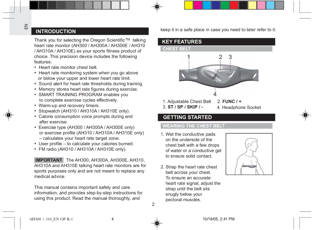 Oregon AH310E, AH310A, AH300E, AH300A user manual Introduction, KEY Features, Getting Started, Wearing the Chest Belt 