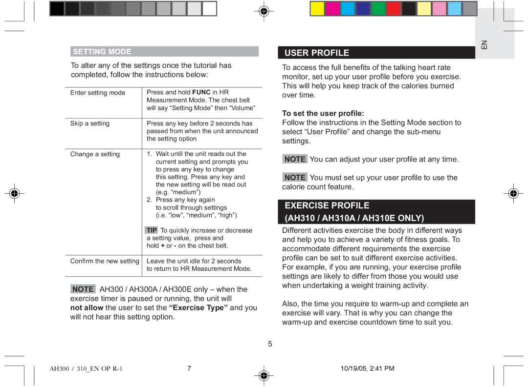 Oregon AH310A, AH310E, AH300E, AH300A user manual User Profile, Exercise Profile, Setting Mode, To set the user profile, Tip 