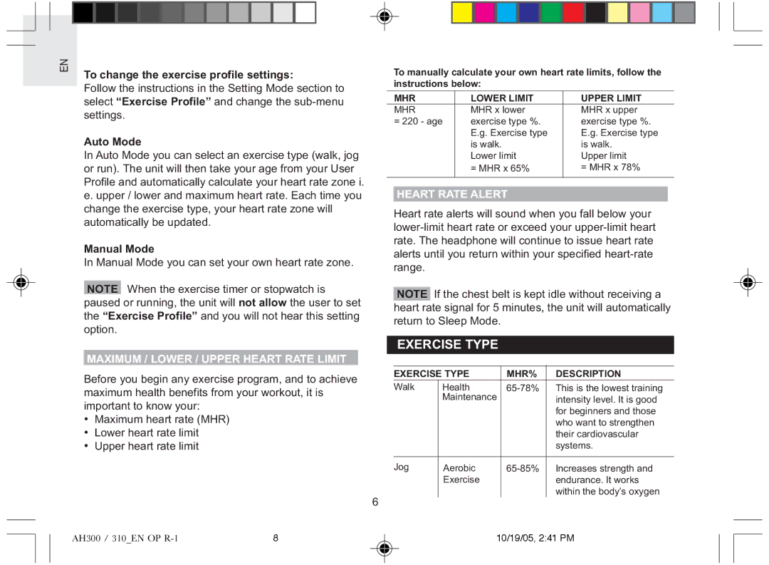 Oregon AH300E, AH310E, AH310A, AH300A user manual Exercise Type, Heart Rate Alert, Maximum / Lower / Upper Heart Rate Limit 