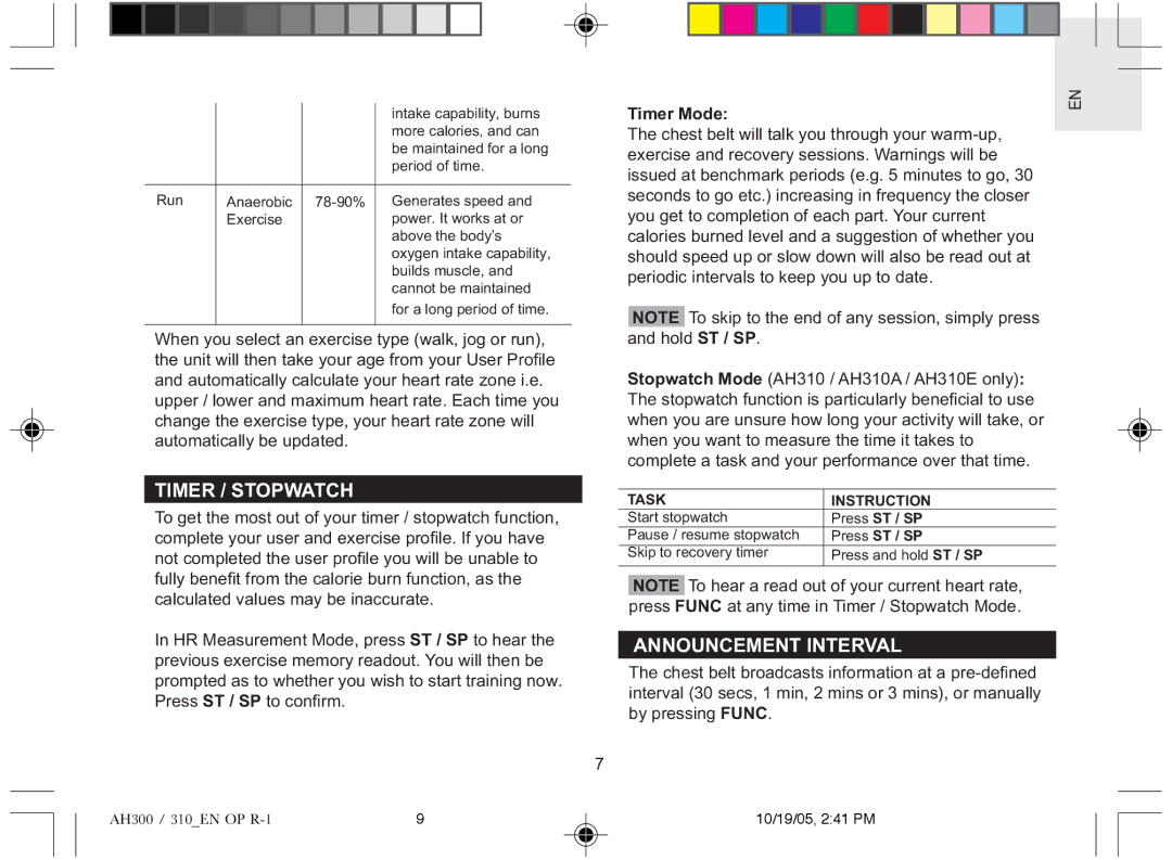 Oregon AH310E, AH310A, AH300E, AH300A user manual Timer / Stopwatch, Announcement Interval, Timer Mode, Task Instruction 