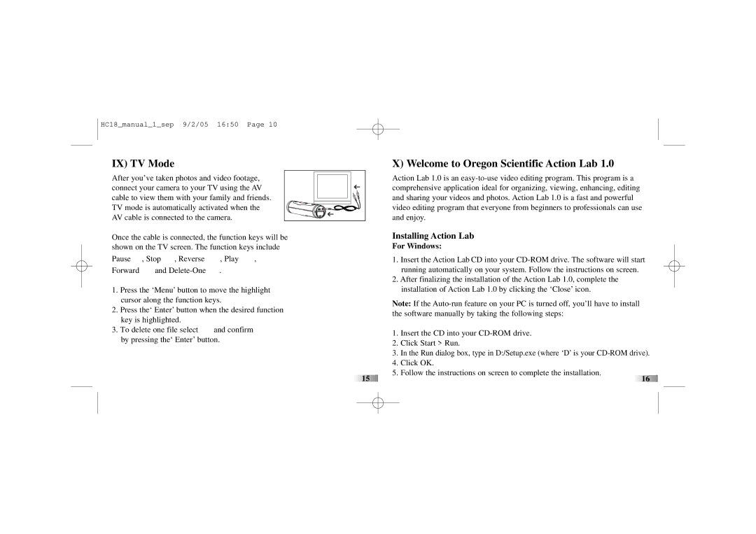 Oregon ATC-1000 manual IX TV Mode, Welcome to Oregon Scientific Action Lab, Installing Action Lab, For Windows 