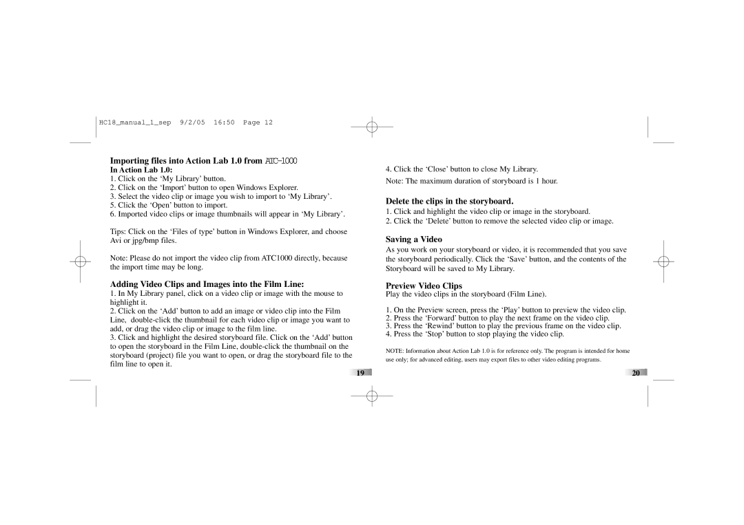 Oregon manual Importing files into Action Lab 1.0 from ATC-1000, Delete the clips in the storyboard, Saving a Video 