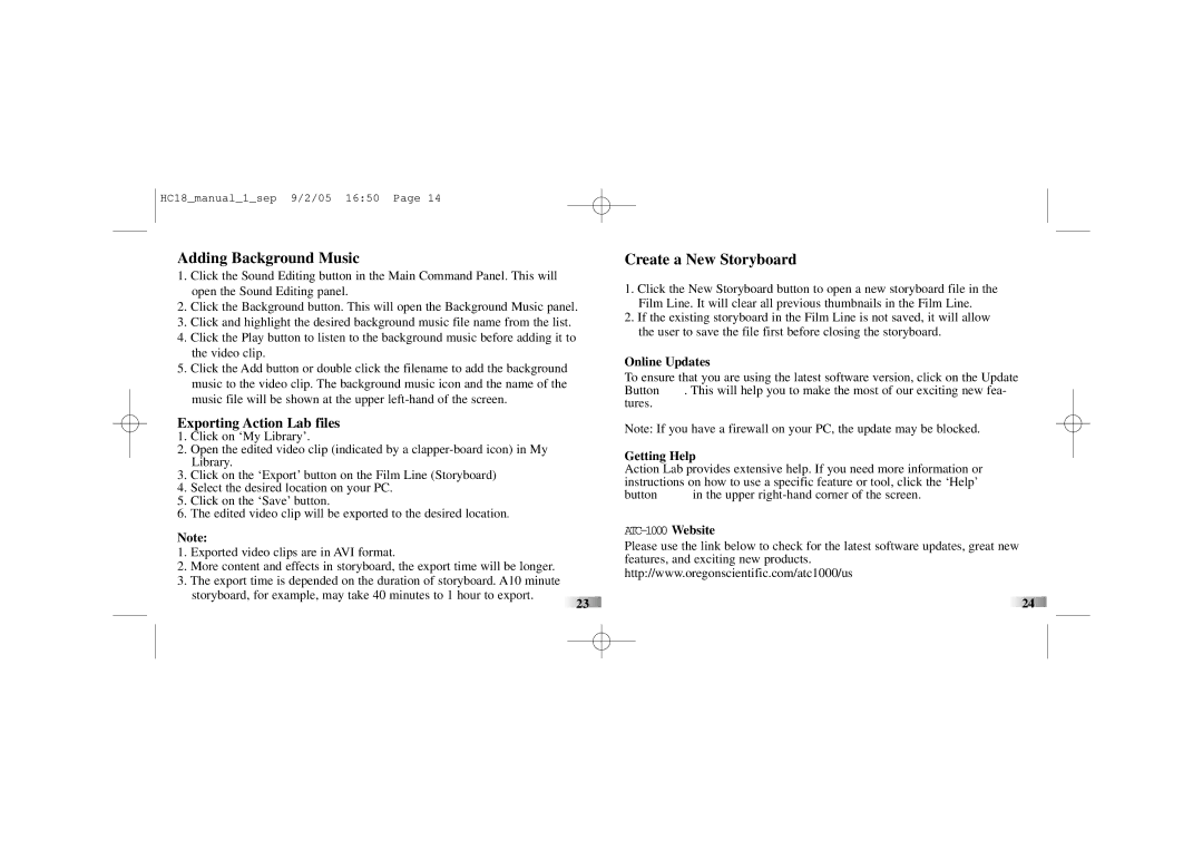 Oregon ATC-1000 manual Exporting Action Lab files, Online Updates, Getting Help 