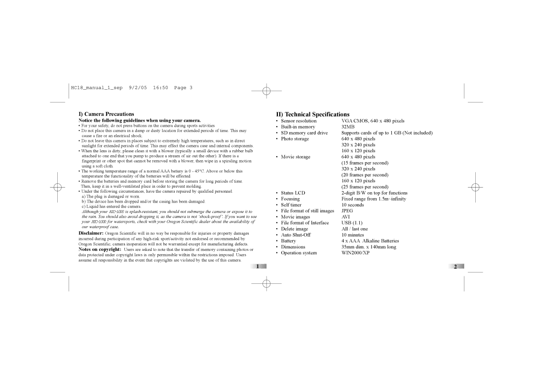 Oregon ATC-1000 manual II Technical Specifications, Camera Precautions 