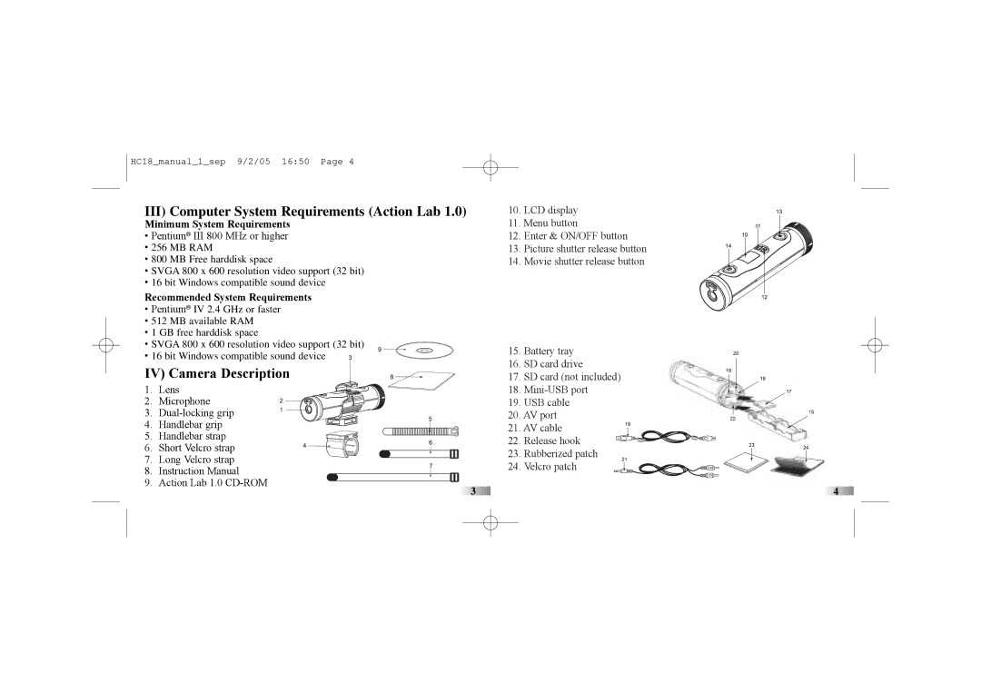 Oregon ATC-1000 manual III Computer System Requirements Action Lab, IV Camera Description, Minimum System Requirements 