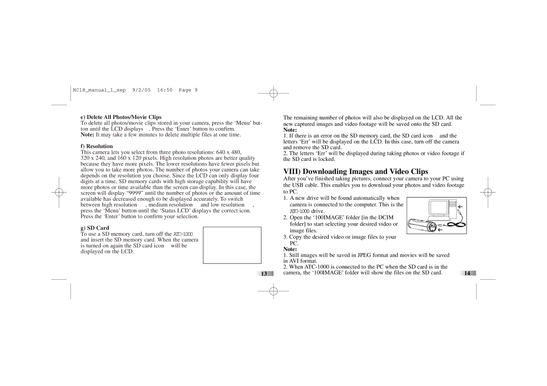 Oregon ATC-1000 manual Viii Downloading Images and Video Clips, Delete All Photos/Movie Clips 