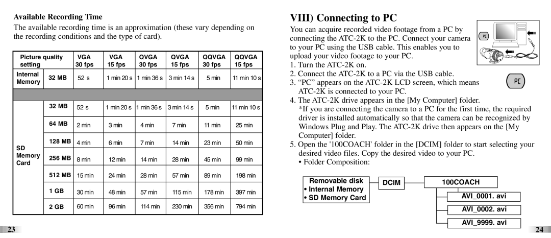 Oregon ATC-2K technical specifications Viii Connecting to PC, Available Recording Time 