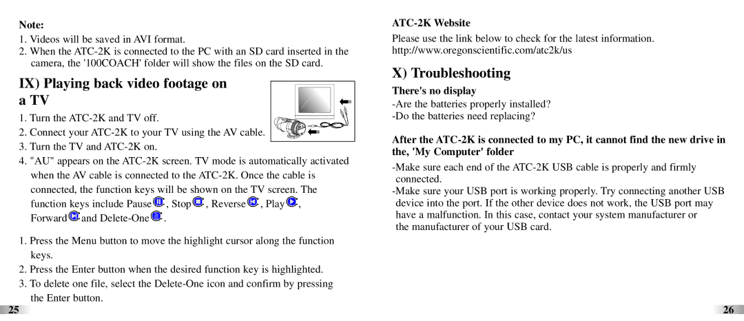 Oregon IX Playing back video footage on a TV, Troubleshooting, ATC-2K Website, Theres no display 