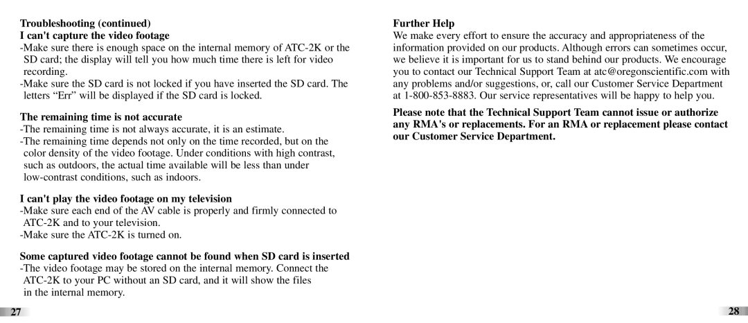 Oregon ATC-2K technical specifications Troubleshooting Cant capture the video footage, Remaining time is not accurate 