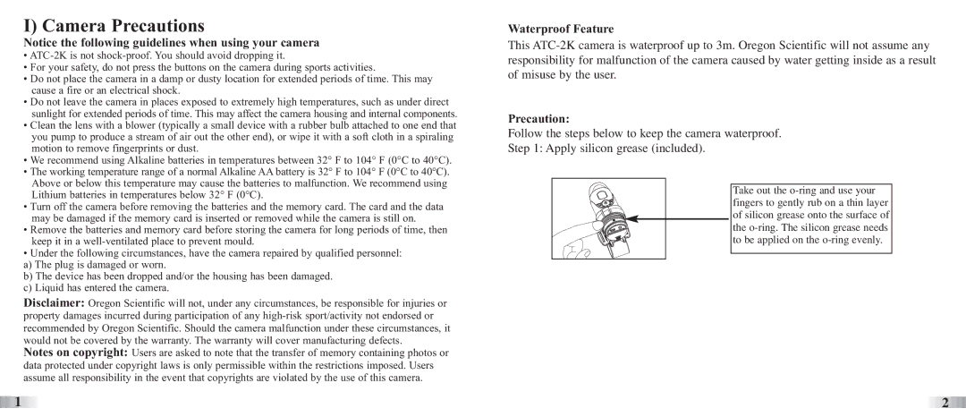 Oregon ATC-2K technical specifications Camera Precautions, Waterproof Feature 